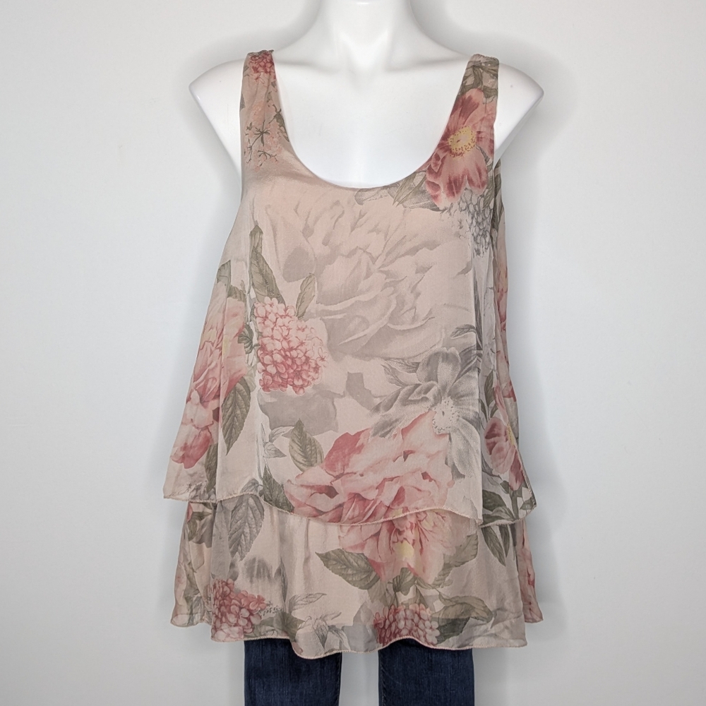Baci Pink Floral Layered Scoop Neck Feminine Silk Tank Blouse L